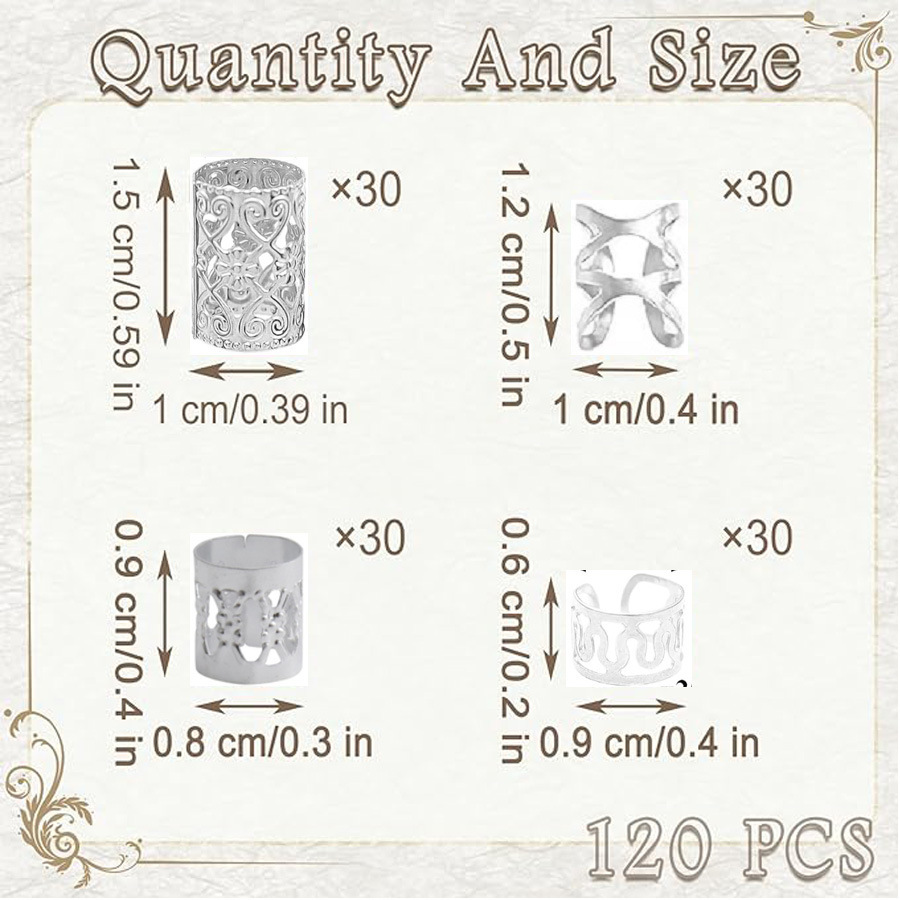 120PCS Amazon Cross-border Set Wig Accessory Braid Hair Accessory Gold and Silver dreadlock Hair Extension Ring set Specification image