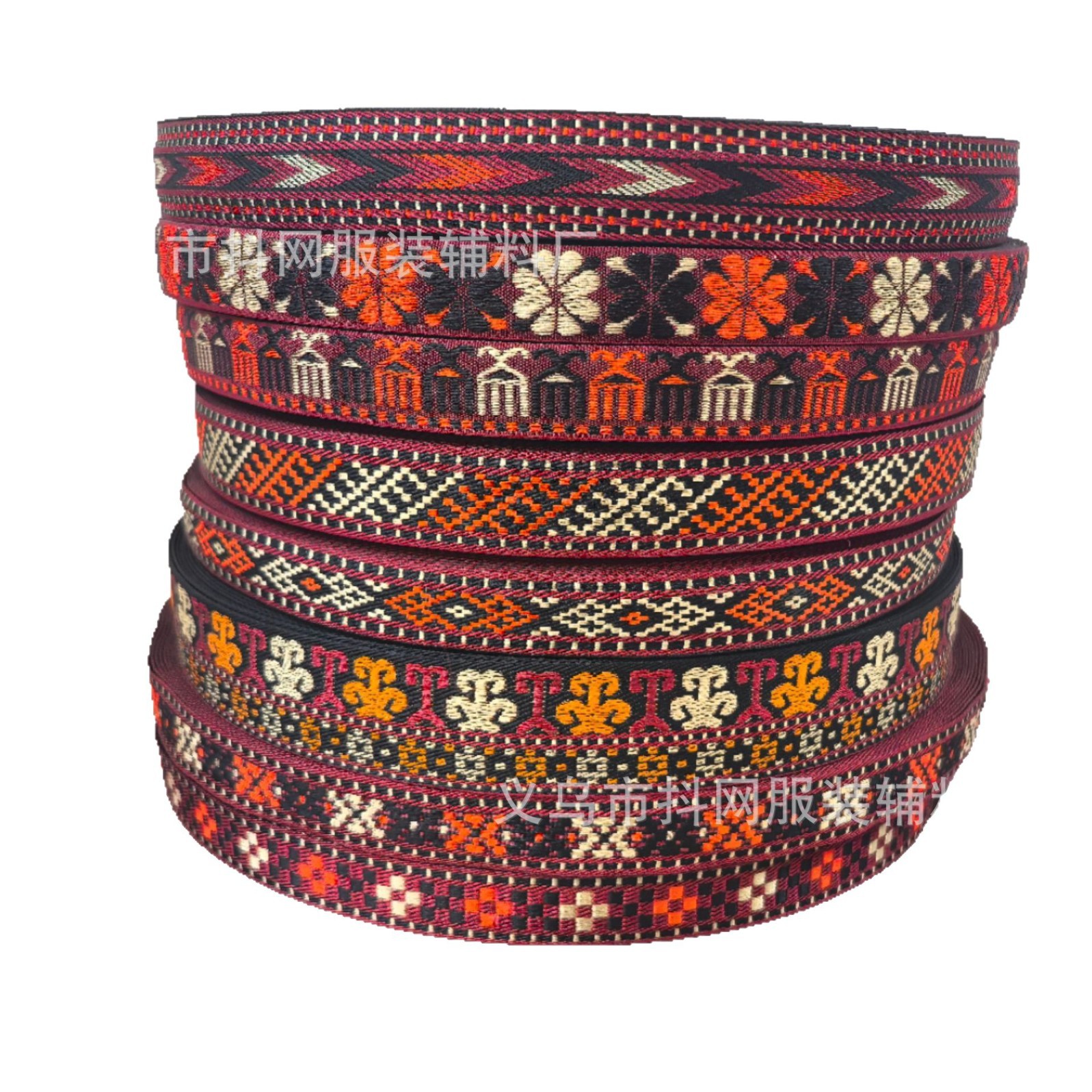 1.5-2.5cm复古民族风菱形图案提花织带服装辅料礼盒包装带日系风白底实物图