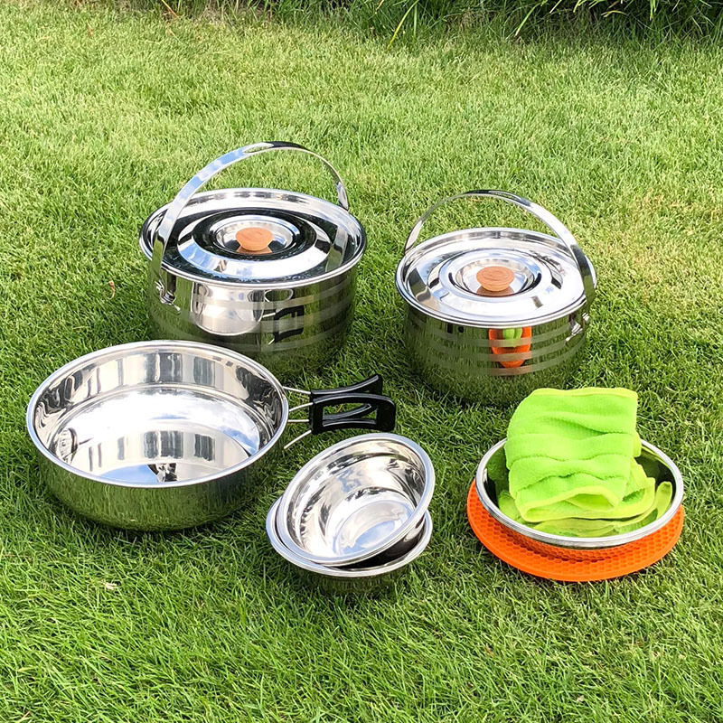 Stainless steel pot sets for outdoor 6-8 people, camping cookware, kettles, gas stoves, portable equipment, tableware, camping Specification image