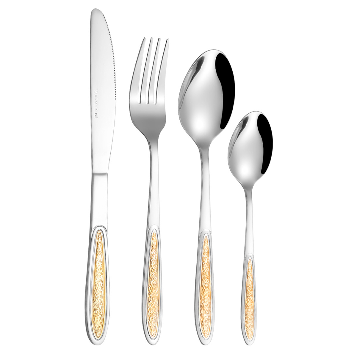 Middle East cross-border stainless steel tableware set, embossed gold-plated knife, fork and spoon, pvc bag, 6-piece steak knife, fork and spoon Item Picture