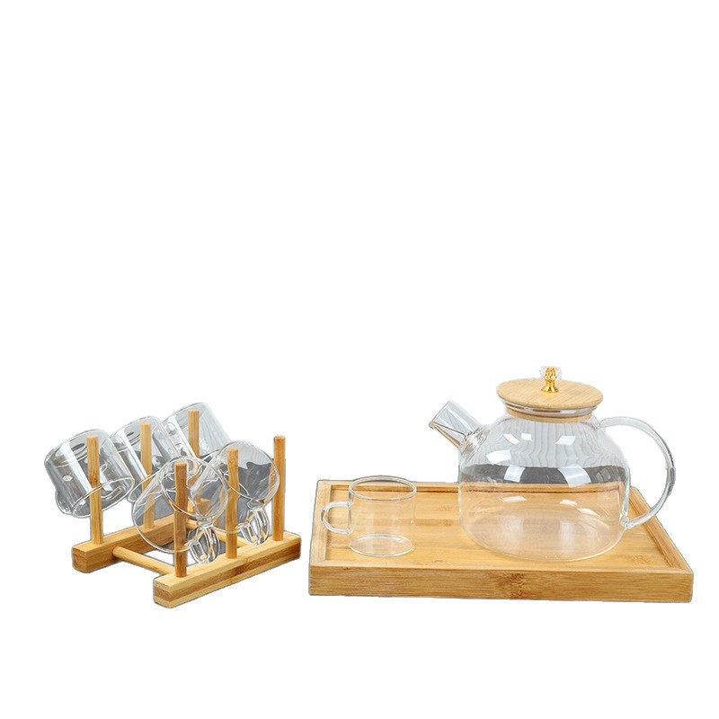 High borosilicate bamboo lid cold water kettle, household large-capacity glass kettle, ins water cup, thickened transparent teapot and cup set Item Picture