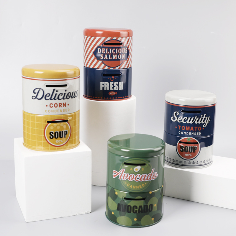 Double-layer cylindrical piggy bank creative gift decoration, children's iron piggy bank with coin-operated openable lid storage box details Picture