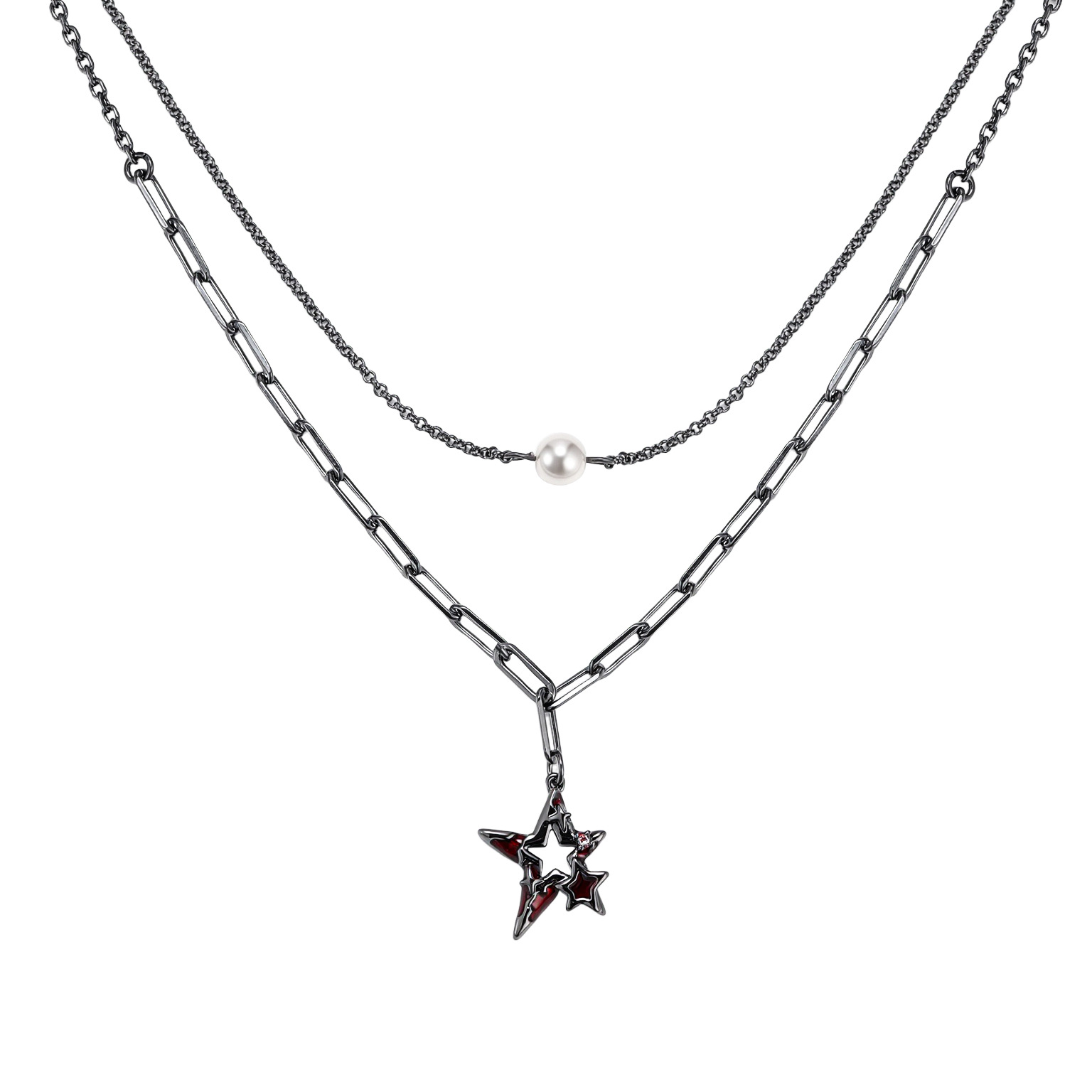 Red meteorite double-layered necklace for women, light luxury fashion, niche high-end feel, dark style, sweet and cool original collarbone chain Item Picture