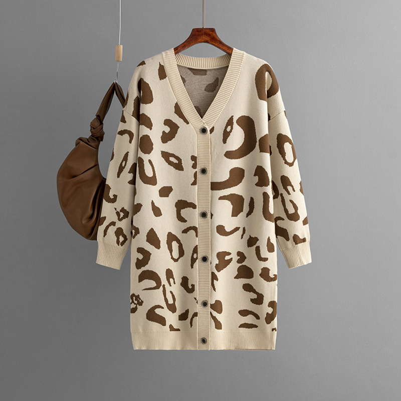 New mid-length leopard print sweaters, cardigans and loose women's coats for European and American export in autumn and winter 2023 Specification drawing