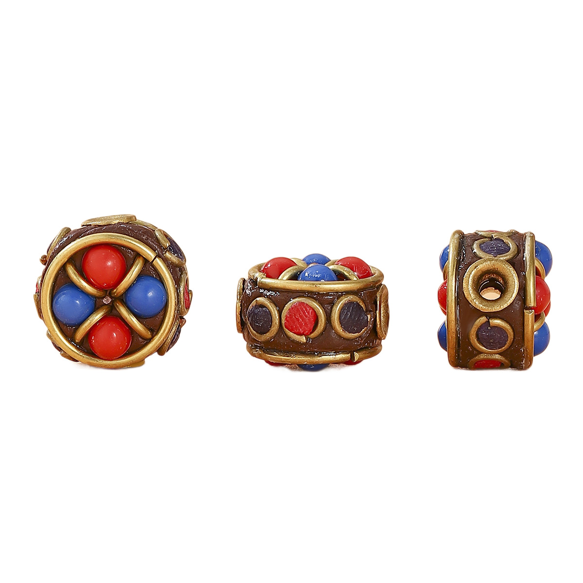 Retro Chinese-style Tibetan Nepalese copper beads inlaid with red and blue beads, bucket beads, DIY jewelry accessories, backlit clouds with partition beads Item Picture