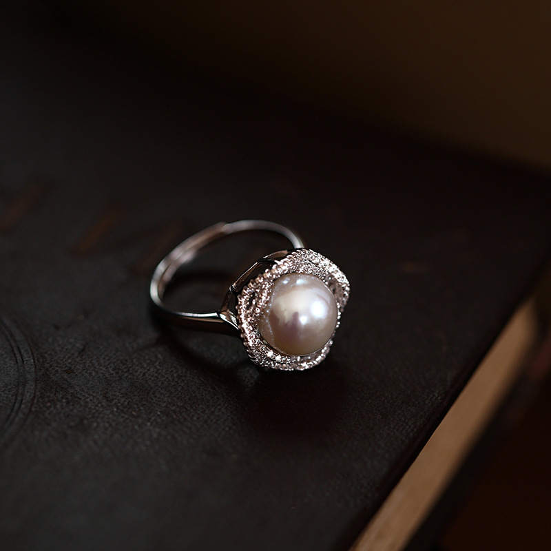 Wholesale of rose natural freshwater pearl rings with a light luxury and high-end feel, new Chinese-style niche open-top jewelry rings details Picture