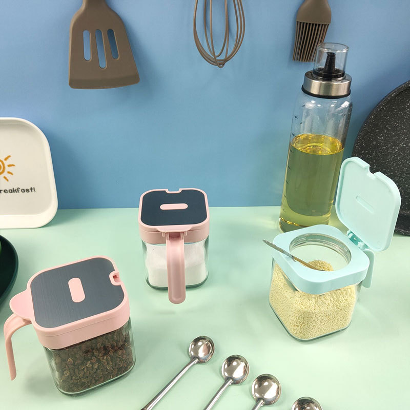 VELEKA不锈钢调味罐玻璃调料罐翻盖带不锈钢勺调料盒调味瓶调料瓶产品图