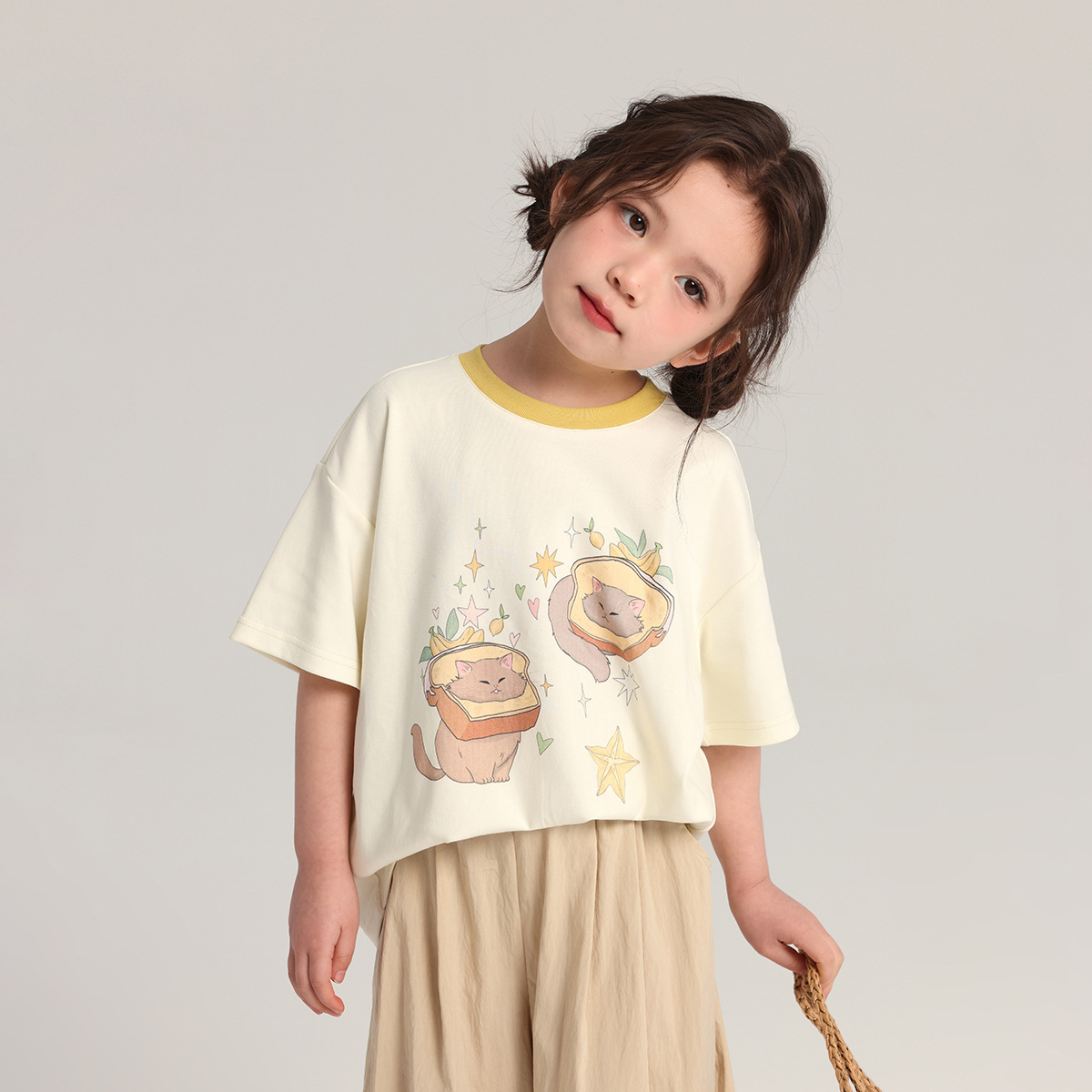 Pudding Haru Children's Cartoon Print short-sleeved T-shirt 2026 New Girls' Summer Dopamine round-neck base Layer Application Scenario