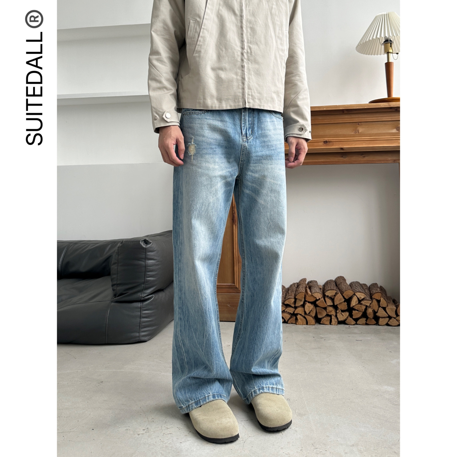 Light blue lightning-patterned jeans for men, straight-leg slightly flared ripped jeans for both men and women, loose wide-leg pants