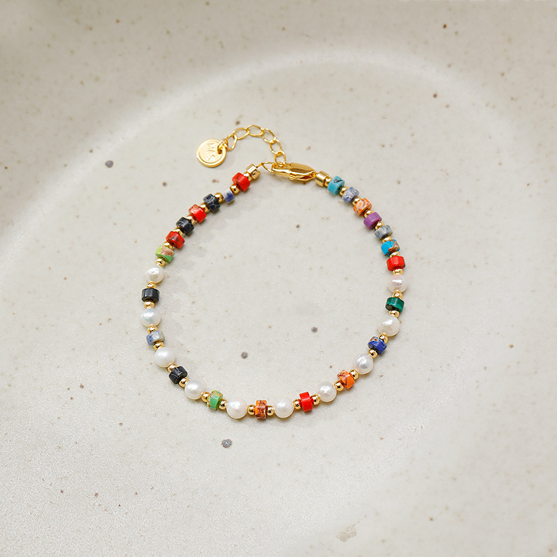 Dopamina hecho a mano perlas de color piedras dulce cadena de mano vintage chino boho chic perla de agua dulce pulsera Specification image