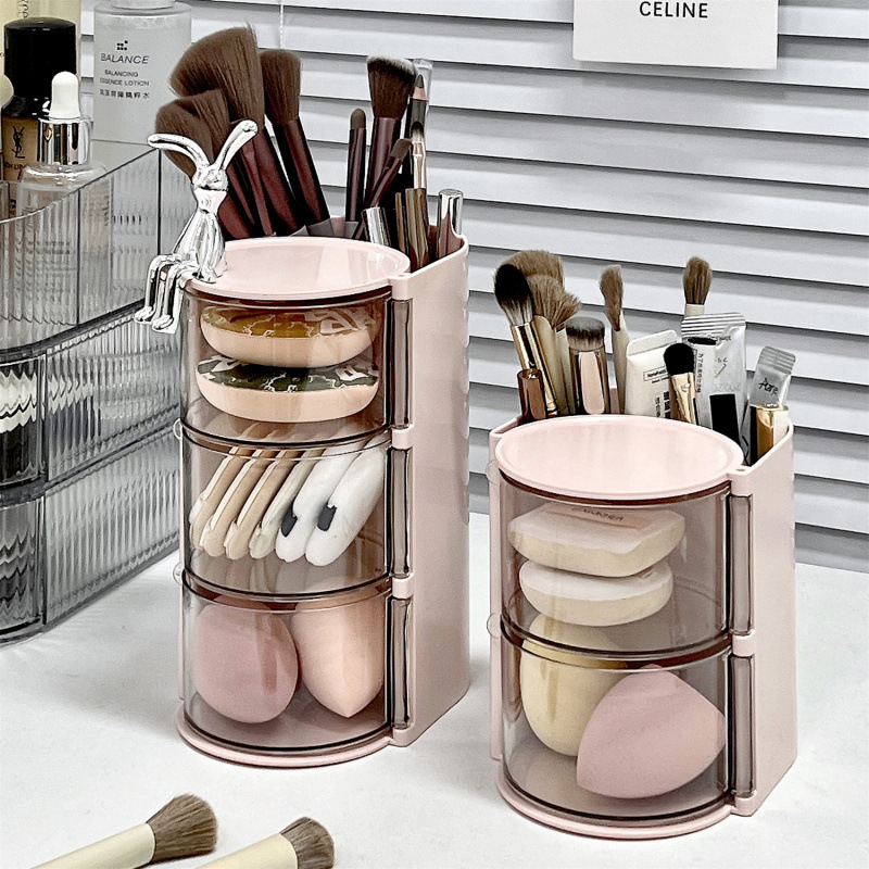 Powder puff desktop storage box, rotating dust-proof dressing table, desktop beauty egg cushion, lipstick, makeup brush storage cylinder Specification image