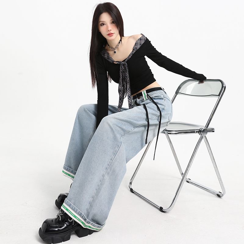 牛仔裤/华棉运动裤/牛仔裤女直筒复古/2026牛紫裤/弯刀姐妹裤细节图