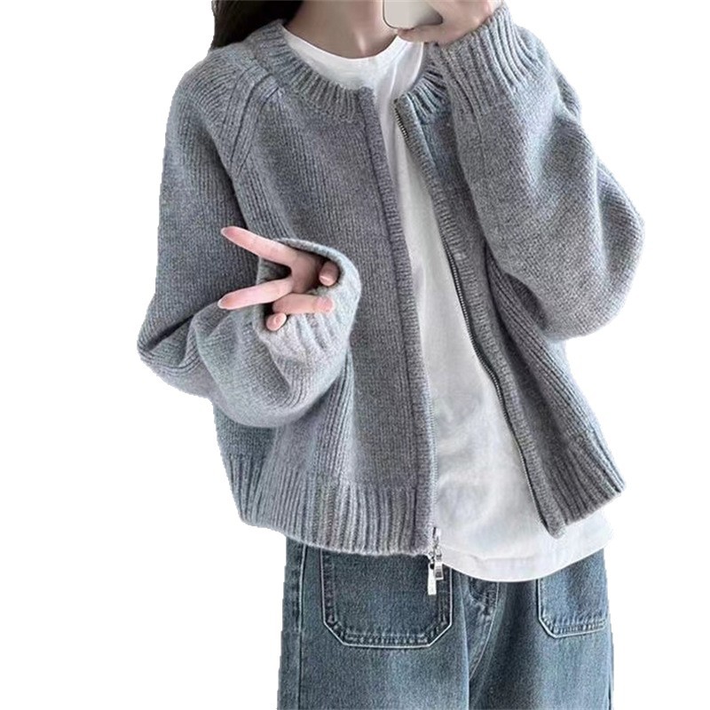 New loose grey short sweater jacket for women's wear in autumn and winter 2025, thick-zipped long-sleeved knitted cardigan top Item Picture