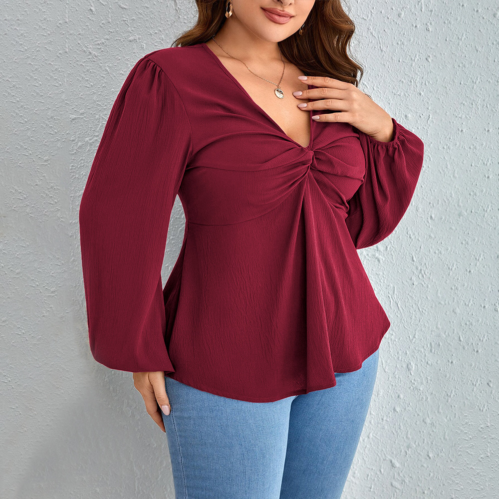 2024 International Station Cross-border plate-size women's wear V-neck T-shirt with a mature and ladylike style, fashionable and youthful wine red top for autumn and winter Specification drawing