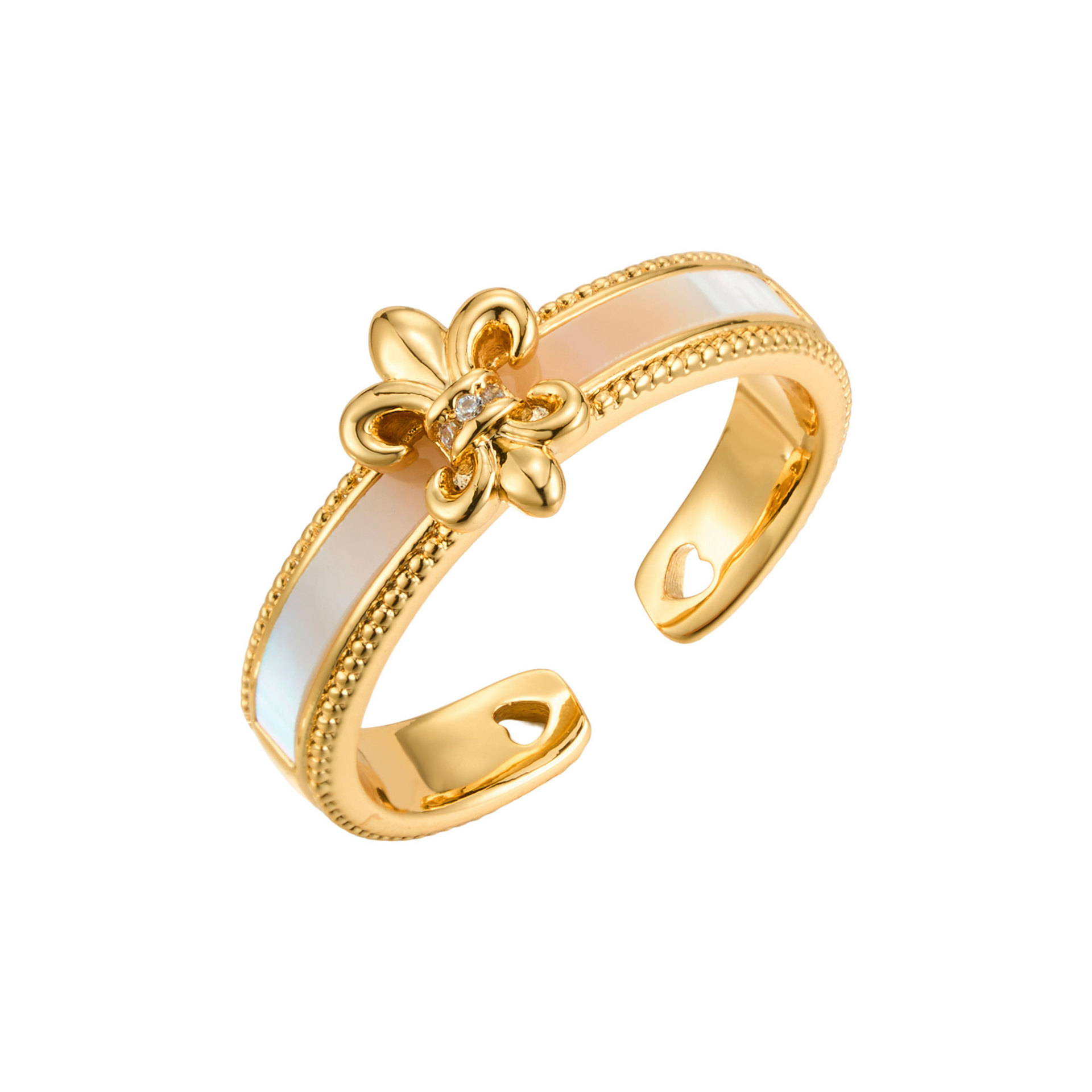 Source factory's light luxury mother-of-pearl iris flower open ring, copper alloy, real gold electroplated, high-end adjustable ring Item Picture