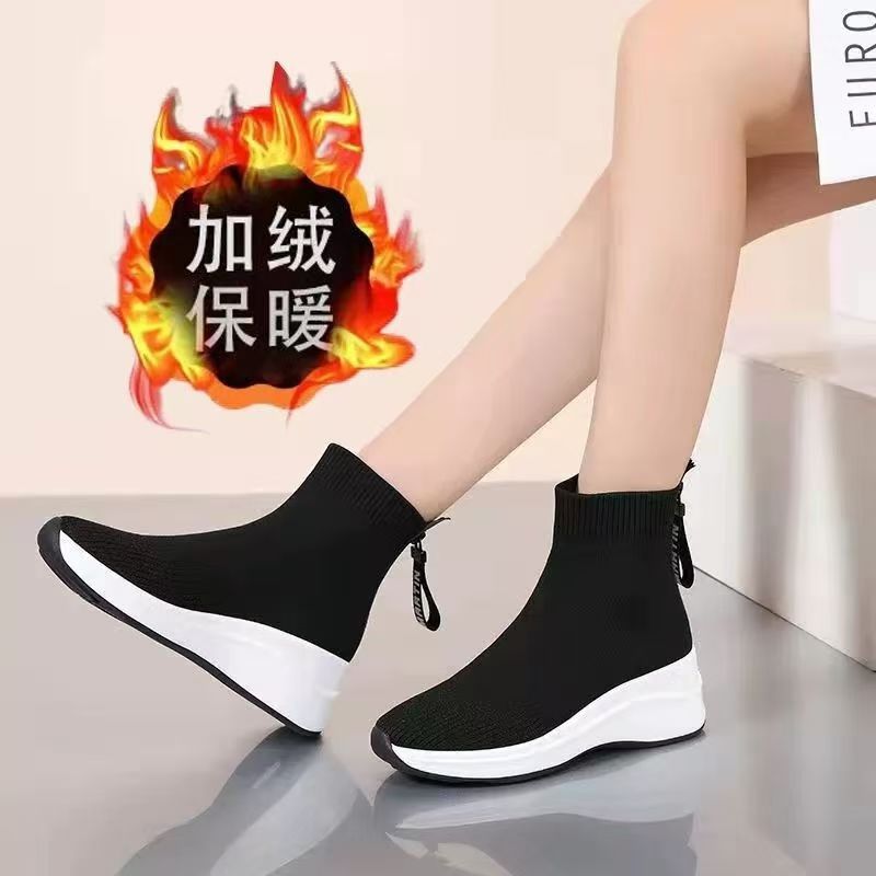 2025年秋冬季新款加绒保暖袜子靴女厚底增高弹力短靴休闲百搭短靴