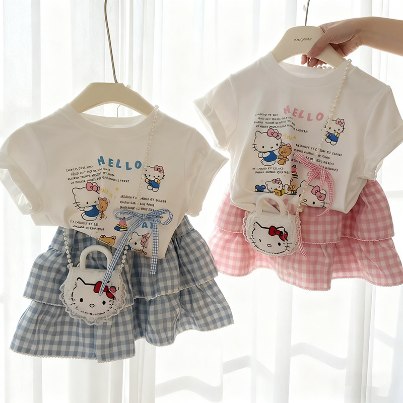 Summer girls' pure cotton short-sleeved T-shirt + skirt two-piece set, children's dress pants sweet two-piece set, baby