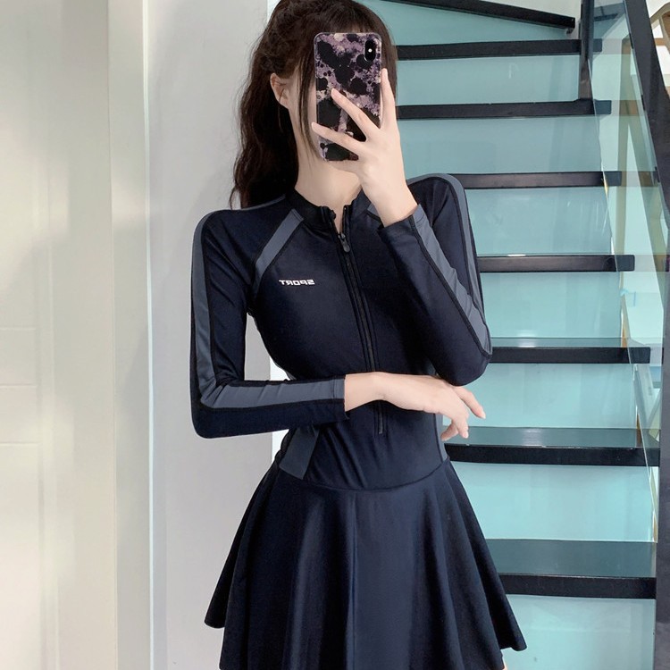 泳衣女款运动连体拼接温泉泳装保守显瘦连衣裙式简约修身度假泳衣