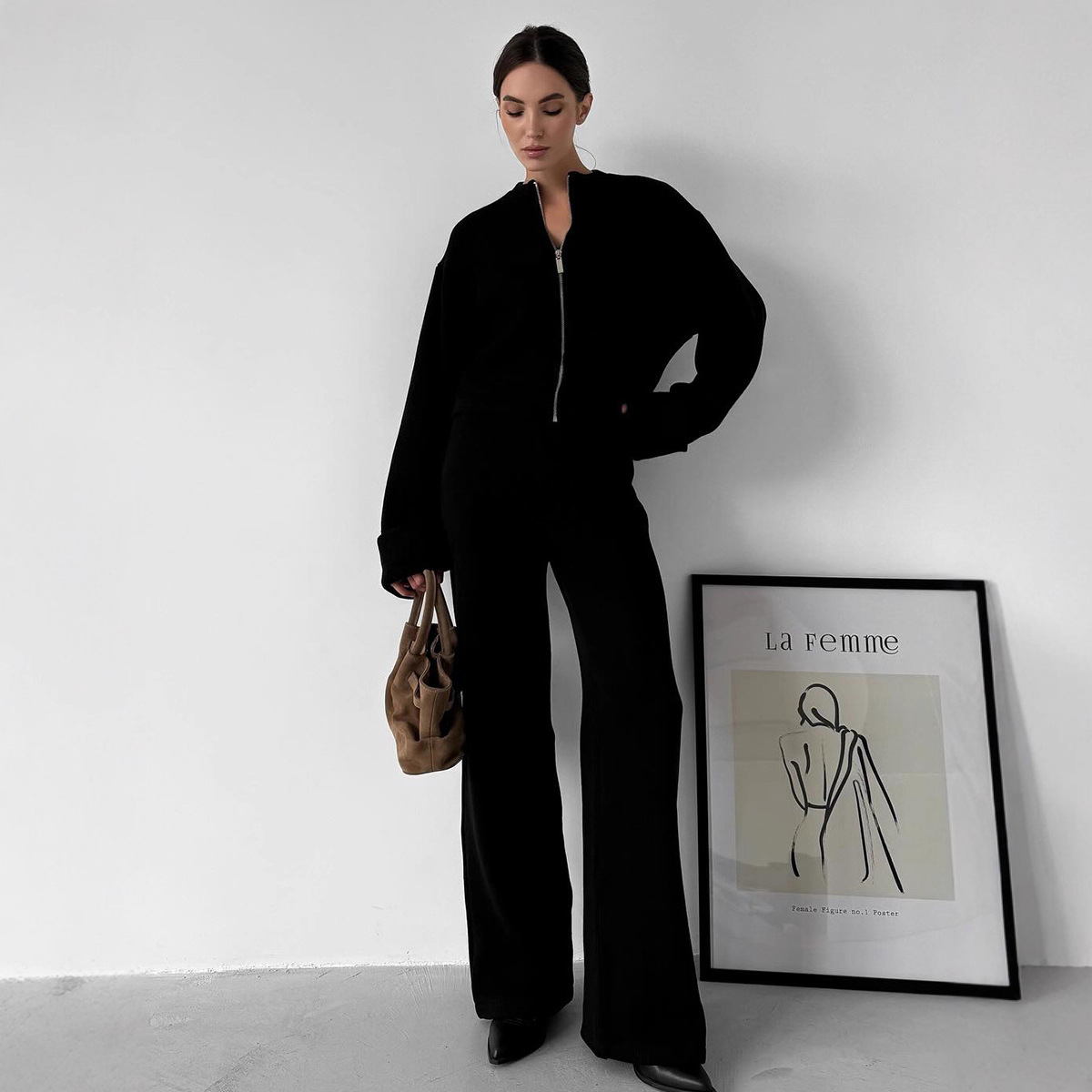 Cross-border knitted long-sleeved wide-leg long pants set, European and American 2025 autumn/Winter new zipper coat long pants casual set Specification drawing