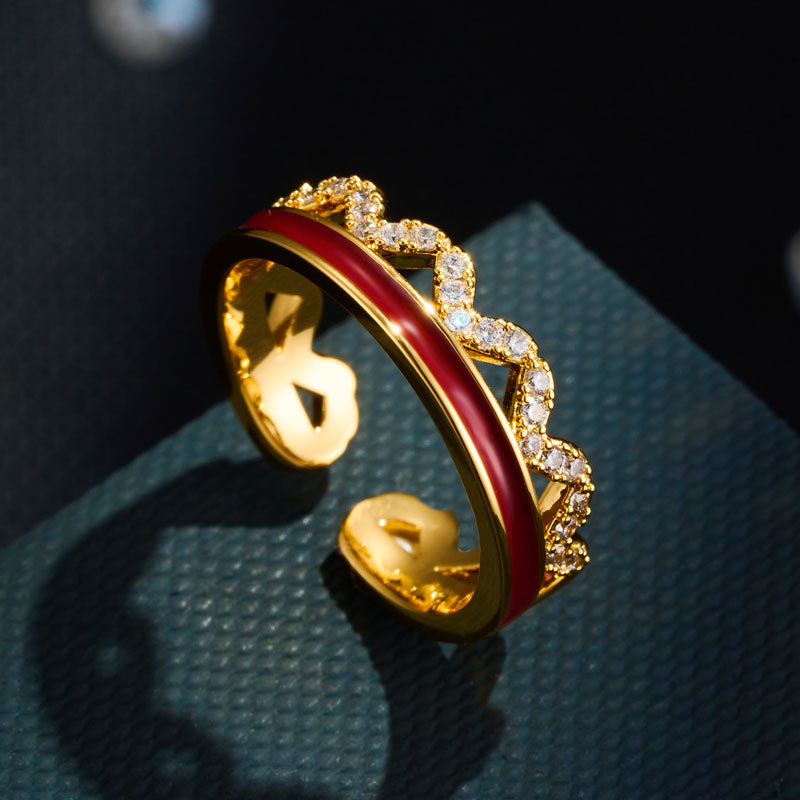 A light luxury and high-end enamel oil-dripping crown open ring, copper alloy, real gold electroplated and zircon adjustable ring
