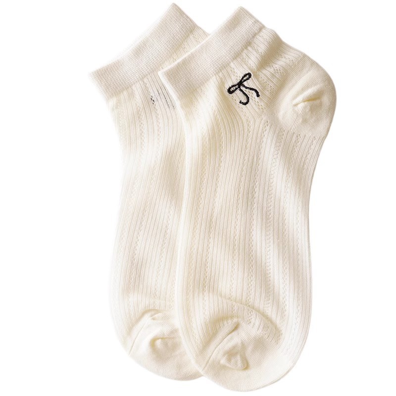 Korean-style perforated breathable short cylinder ~ins trendy women's short socks, cotton summer thin mesh strip bow Item Picture