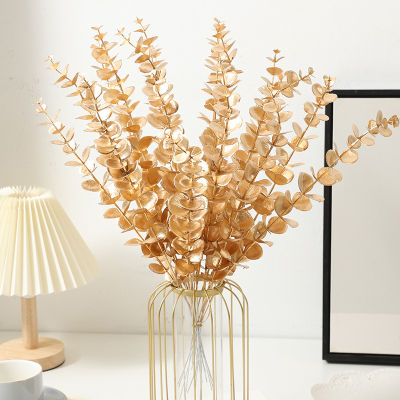 朵芙仿真单支金色尤加利年宵花盆景配材批发 工程家居装饰花