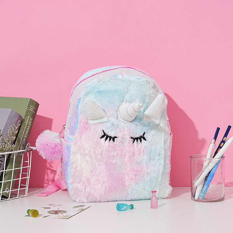 Cross-border supply of tie-dyed plush unicorn schoolbags, hairball keychains, sequined backpacks, versatile and fashionable storage