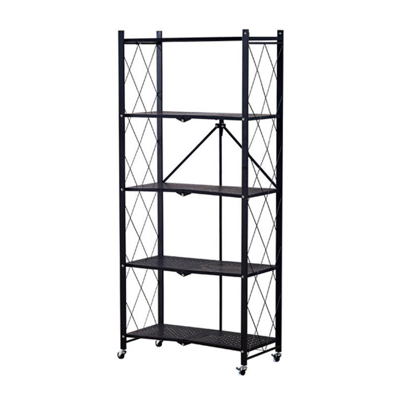 The folding storage rack is made of five layers of black steel pipes welded and assembled for storing sundries, books and kitchenware Item Picture