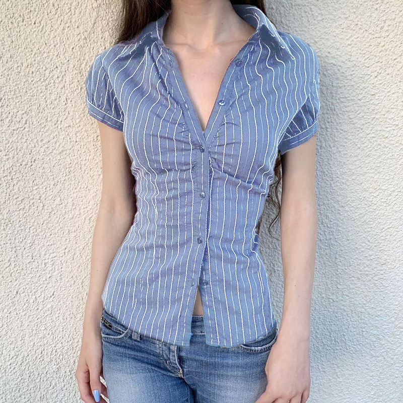 American retro striped puffed-sleeve top, waist-cinching and slimming, color-blocking versatile POLO collar button-down cardigan short-sleeved T-shirt full figure