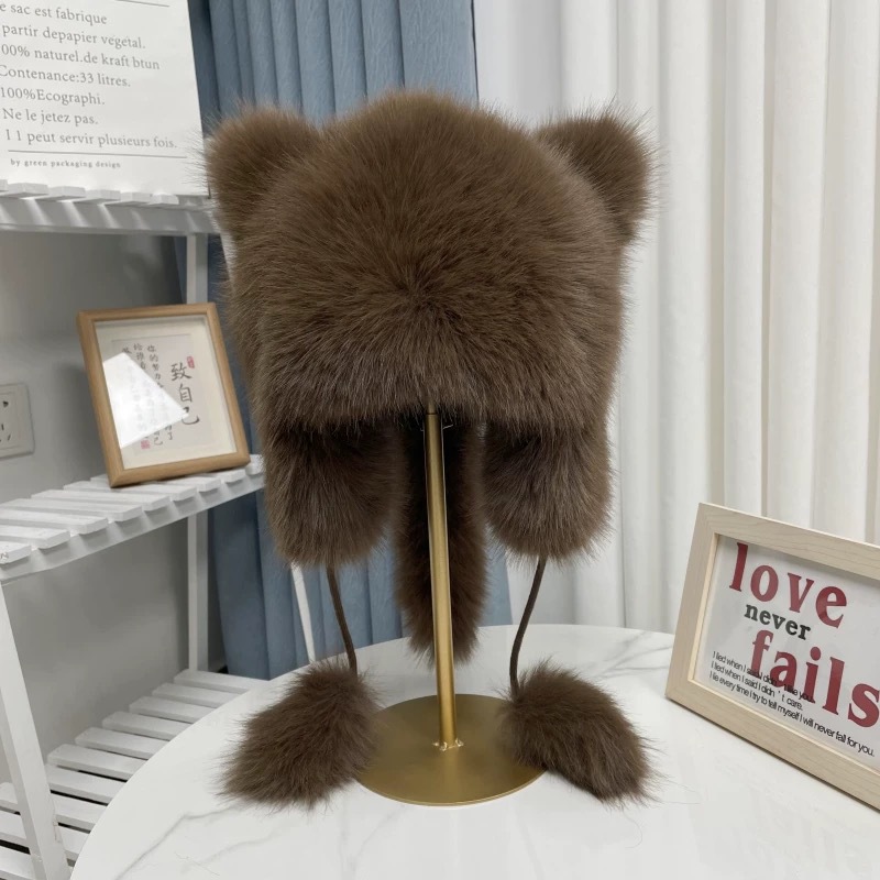 Fluffy little bear hat for women, thick and warm for ears in autumn and winter, Lei Feng hat, cat ear plush headscarf hat, casual and versatile Item Picture