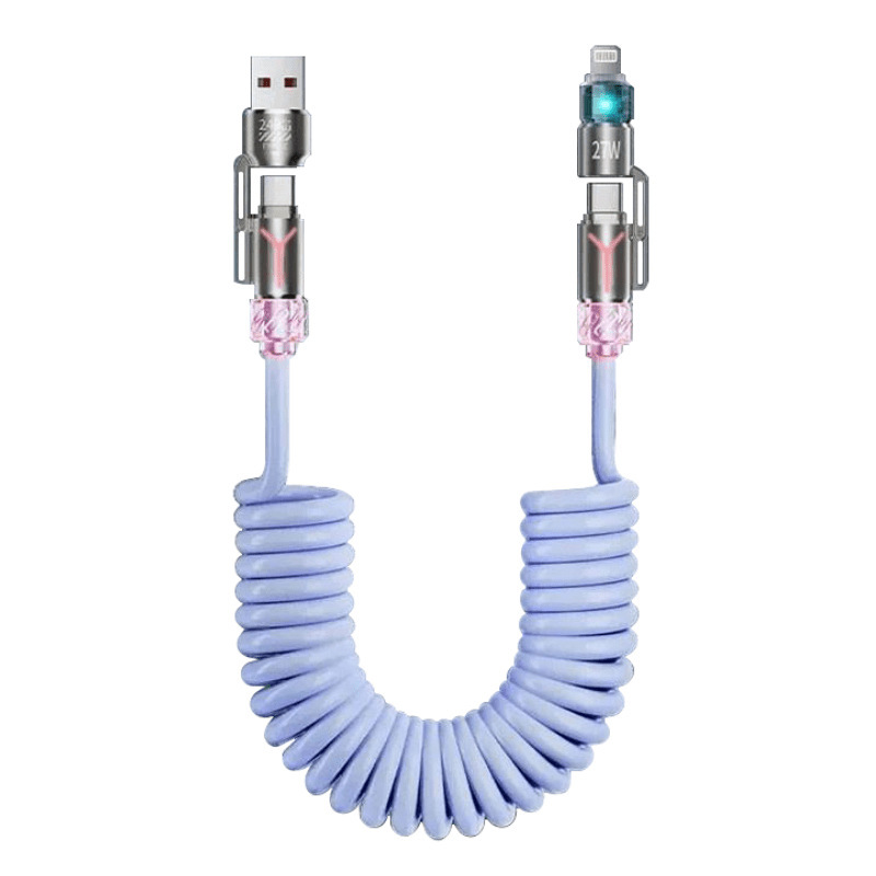 跨境新款240w四合一弹簧快充线2米长车载香薰数据线苹果安卓适用白底实物图