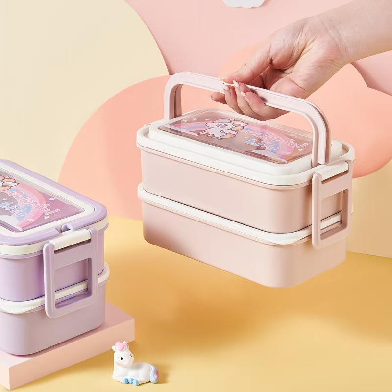 2025 New creative double-layer lunch box with spoon and fork, cartoon rectangular portable hand-held lunch box, large capacity lunch Specification image