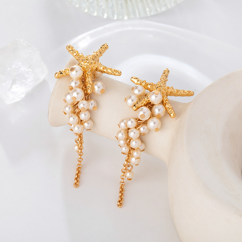 Dulce y refrescante versión coreana pendientes para mujeres niche estrellas conchas collar de perlas diseño de pendientes de alta calidad sentido múltiples orejeras Specification image