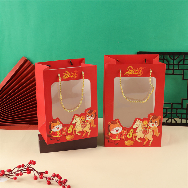 Año nuevo chino 2026 bolsa de mano del año del caballo transparente ventana acompañante bolsa de regalo de la mano bolsa de regalo de la reunión anual bolsa de regalo de la ventana roja del año nuevo Specification image