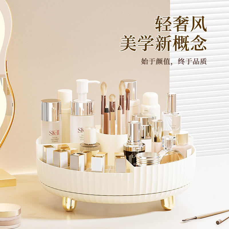 Wholesale cosmetics storage boxes, large-capacity, rotatable desktop for home use, plastic shelves for skin care products, eye shadow and lipstick Application Scenario