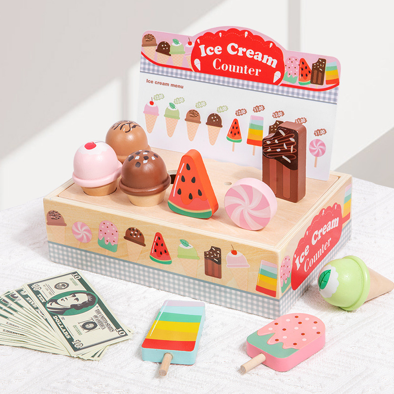 Juguete transfronterizo simulación de madera paso de niños tienda de helados venta de helados contador de conos venta de madera