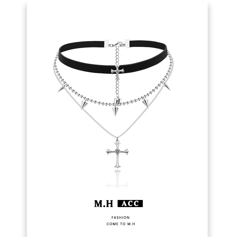 ins dark leather neck chain, sweet and cool girl choker collar, unique hip-hop cross layering collarbone chain Specification image