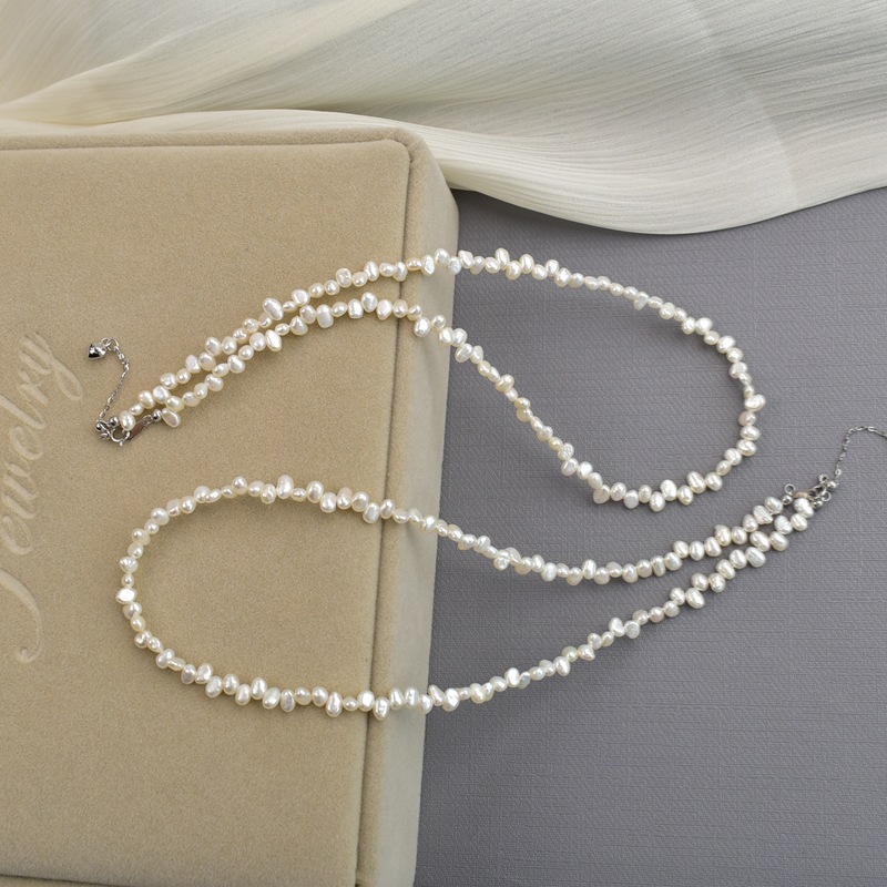 Misaligned hole small particle natural freshwater Baroque small pearl necklace for women, 925 sterling silver niche collarbone chain wholesale