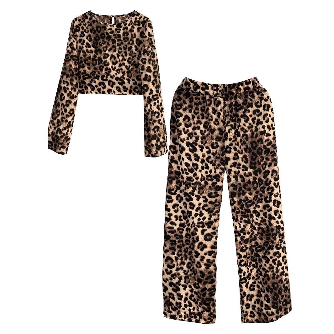 Spring 2025 New leopard print loose and comfortable long-sleeved and long pants two-piece set for cross-border women from Europe and America details Picture