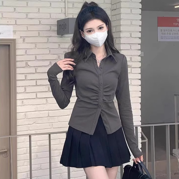 法式灰色收腰掐腰修身jk衬衫女春春季设计感长袖衬衣打底正肩上衣