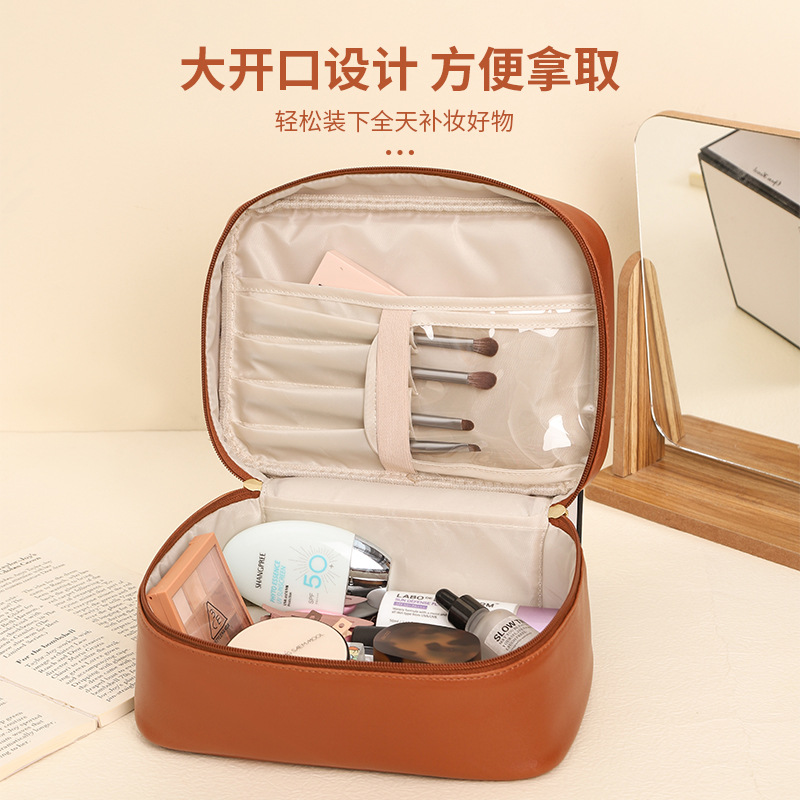 Large-capacity, high-appearance-level InS-style cosmetic storage bag, retro square PU leather detachable hand-held cosmetic bag Specification image