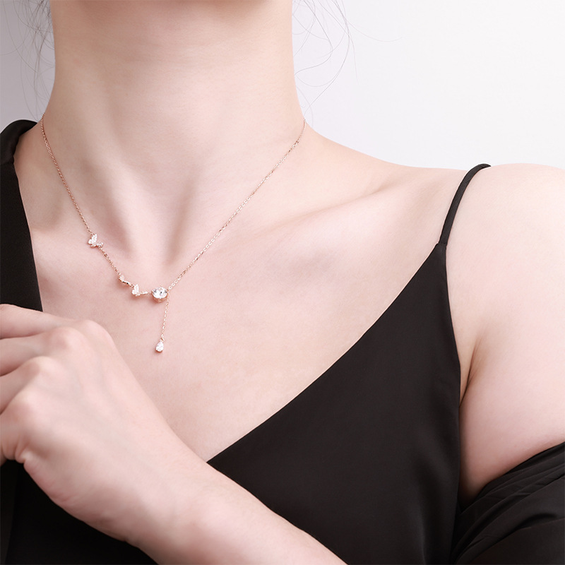 Zhuoheng selects light luxury and niche tassel butterfly Moissang necklaces for women's fashion accessories wholesale, including pure silver pendants details Picture