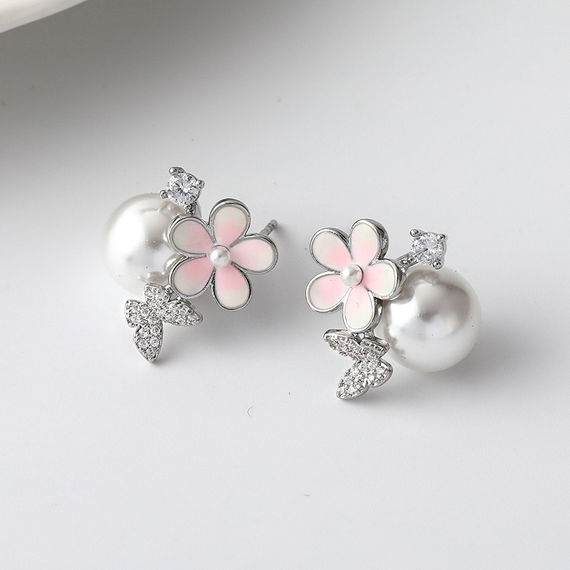 韩版清新简约耳钉女纯银时尚蝴蝶款珍珠微镶耳饰通勤耳环珍珠耳钉细节图