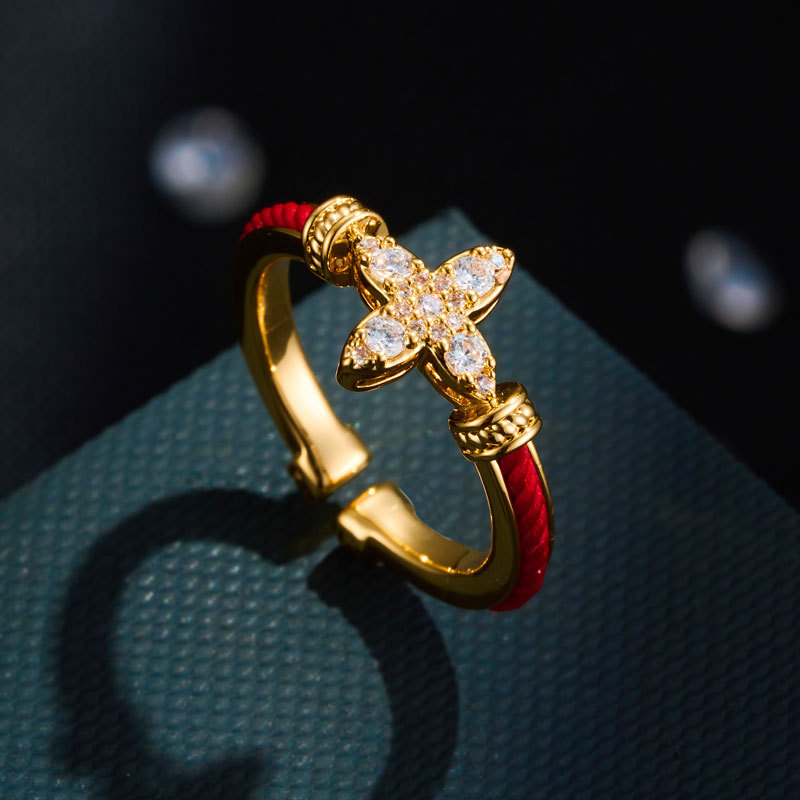 Original design: Red string starlight open ring, copper alloy, real gold electroplated with zircon, adjustable index finger ring