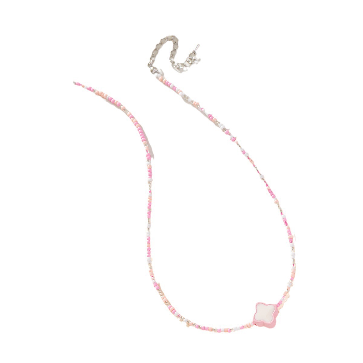 Colorful candy four-leaf flower rice bead beaded necklace, with a unique little Chanel style, sweet and elegant, high-end design, collarbone chain for women Item Picture
