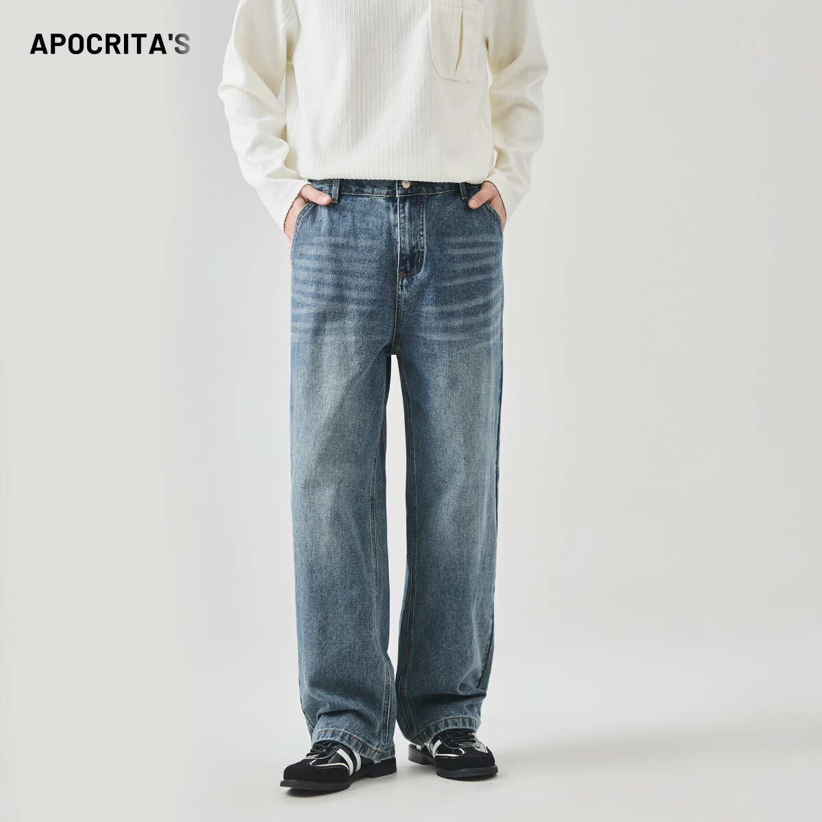 APO男装|跨境水洗牛仔裤男秋季美式高街潮牌痞帅百搭宽松直筒长裤