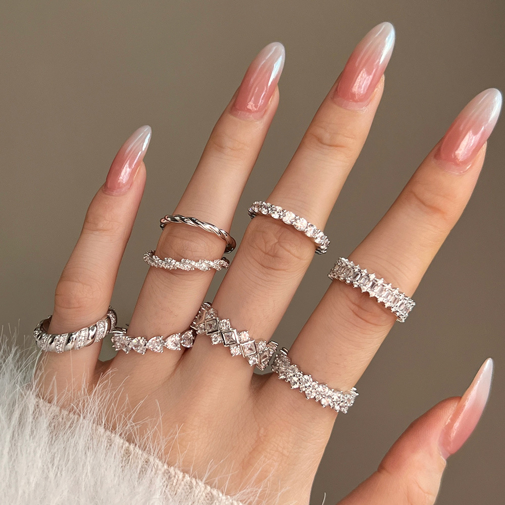 欧美跨境S925纯银戒指女菱形排钻高级感爱心梯形锆石时尚百搭批发细节图