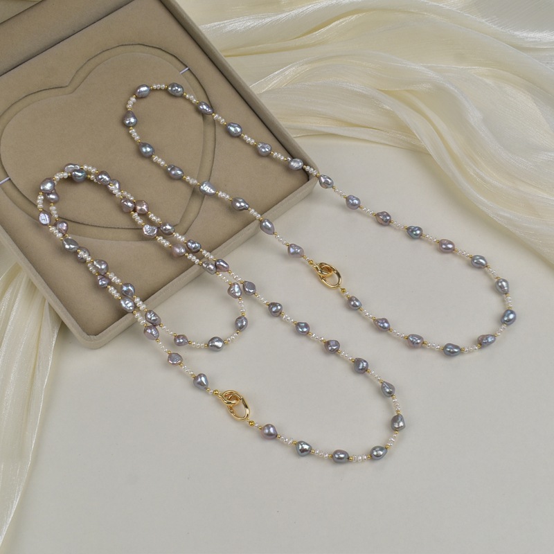 Baroque pearl necklace for women, natural freshwater, a lot of linen grey sweater chain, a light luxury and high-end original design necklace