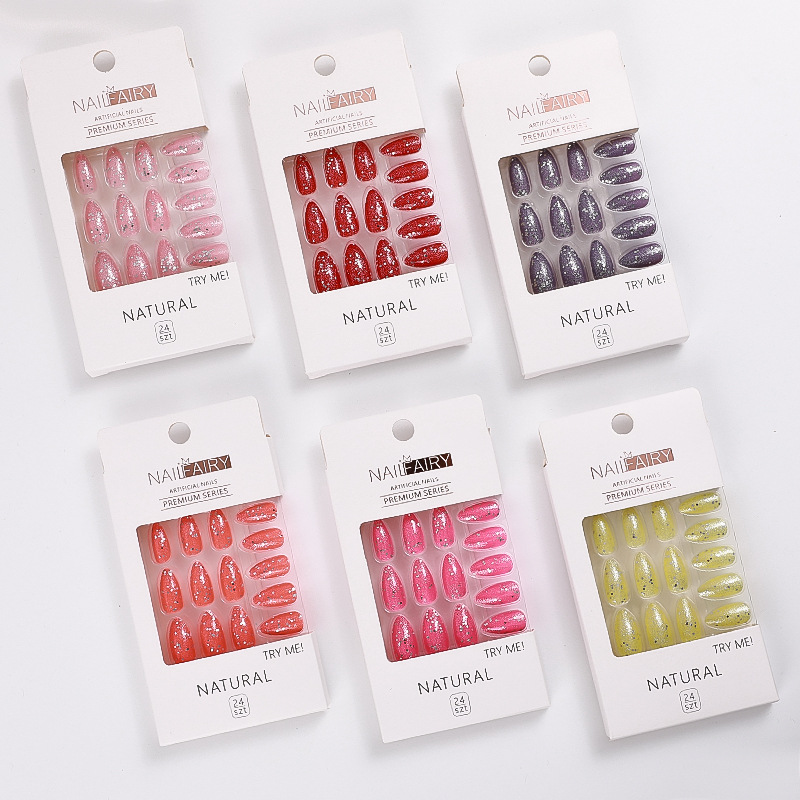 Wholesale of new cross-border glitter fake nails, pointed nails, detachable nail plates, patch nail art, sequined and fresh wearable nails