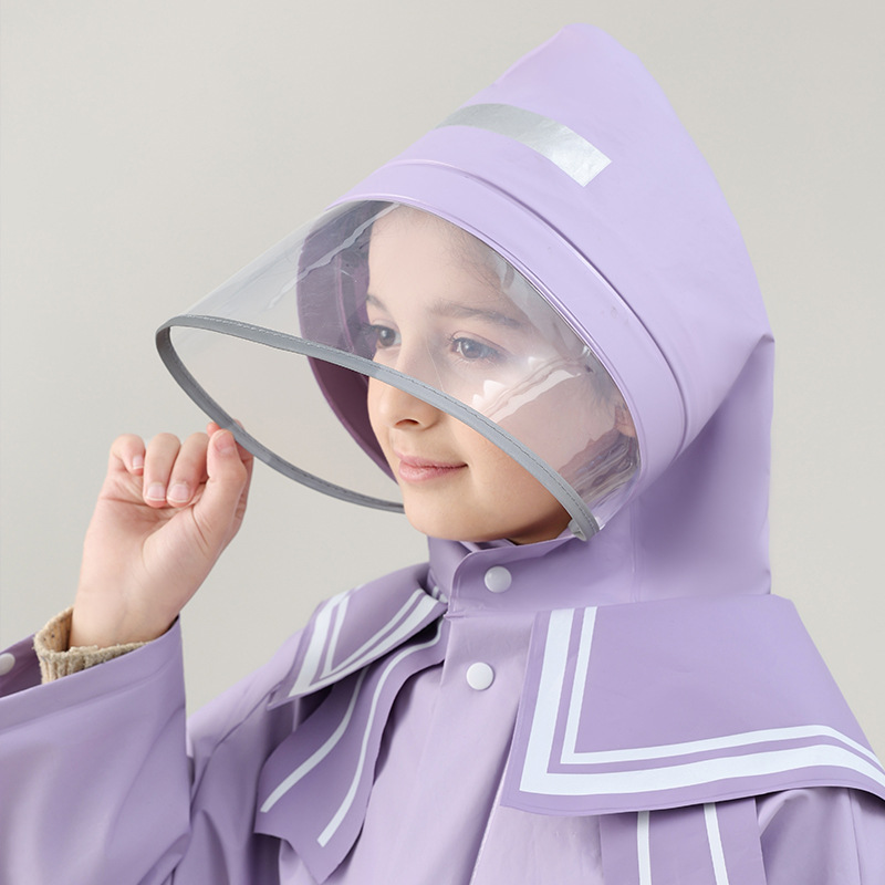 Mingjia EVA Children's raincoat, fashionable navy style one-piece with schoolbag, thickened raincoat for primary school students and children details Picture